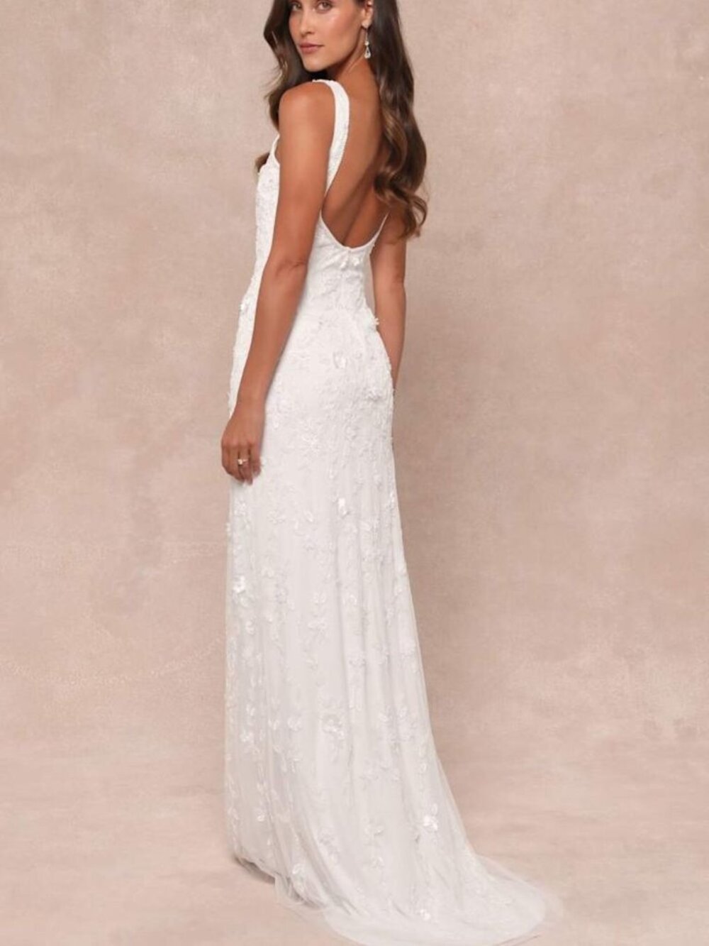 Lulus Extraordinary Glamour White 3D Floral Beaded Backless Maxi Dress Large